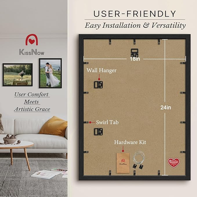 18x24 Poster Frame 2 Pack, Black Solid Wood Picture Frame with Polished Plexiglass, Wall Hanging