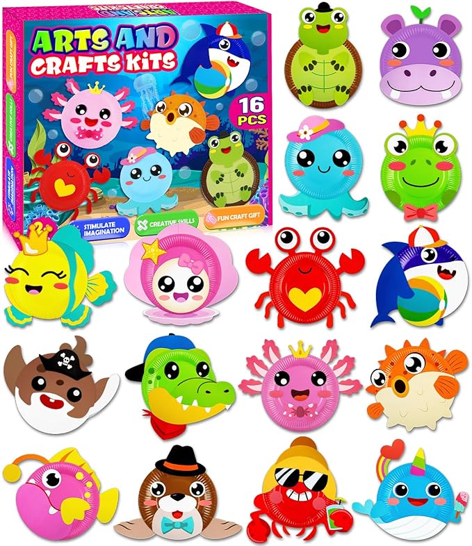 16 Pack Arts and Crafts for Kids, Toddler Crafts Animal Paper Plate Art Kit Gift for 3 4 5 6 Year Old Boys Girls DIY Kids for Birthday Party Favor Preschool Classroom Party Games