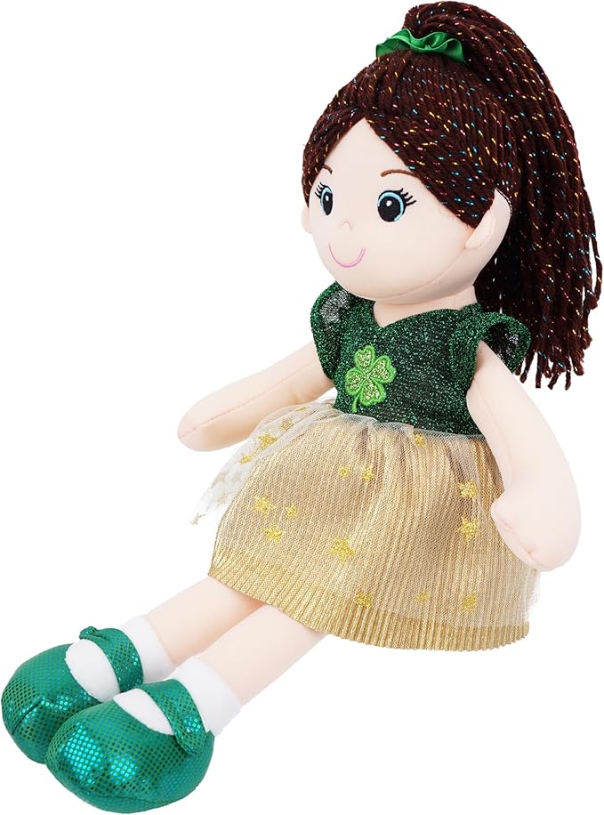 June Garden 14" Snuggle Cuties Clover Sophie - Saint Patrick's Day Soft Plush Doll - Huggable Irish Themed Rag Doll for Girls - Green Outfit