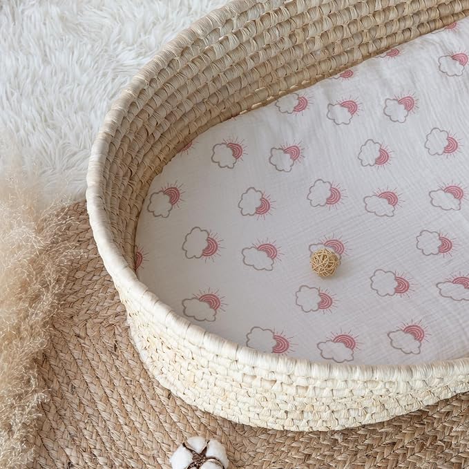 Muslin Bassinet Fitted Sheets, 2 Pack for Baby Boy and Girl, Soft Breathable Baby Pad/Mattress Sheet, Fit for Hourglass Oval and Rectangle Bassinet Mattress (Pink Cloud)