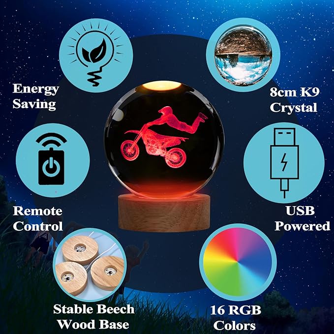 Dirtbike Night Light, Dirtbike Gifts, 3D Crystal Ball Dirtbike Lamp with Remote Upgraded 3.15 Inch with 16 Color for Birthday Xmas Cool Figurines Motorbike Gifts for Room Decor Boys Girls