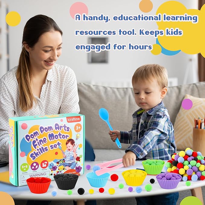 158 PCS Fine Motor Skills Set - 150 Pom Poms, 6 Sorting Bowls, Tweezers, Spoon, Sensory Bin Filler for Preschool Kids Counting, Sorting, Matching Training Activity