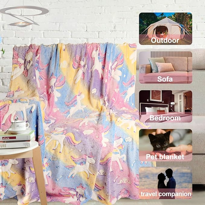 Unicorn Glow in The Dark Blanket for Girls/Kids, Soft Fleece Throw 40"x60" - Age 3-12