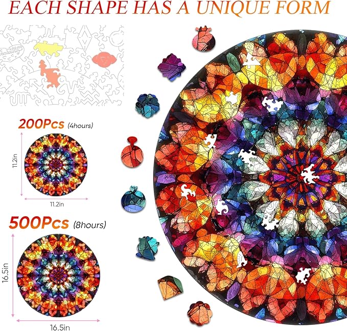 Jiroinlly Wooden Jigsaw Puzzles - Crystal Mandala Wooden Puzzles for Adults 500 Pcs, 16.5'' Luxurious Shaped Wood Puzzle, Beautiful Package, Best Gift Toys for Adults and Kids, Family Game