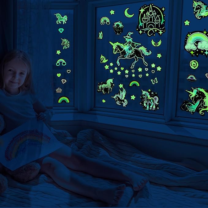 Glow in The Dark Unicorn Wall Decals, Neon Fantasy Rainbow Unicorn Wall Stickers for Girls Room, Colorful Diamond Star Love Room Decor, Baby Girl Boy Bedroom Ceiling Nursery Decoration