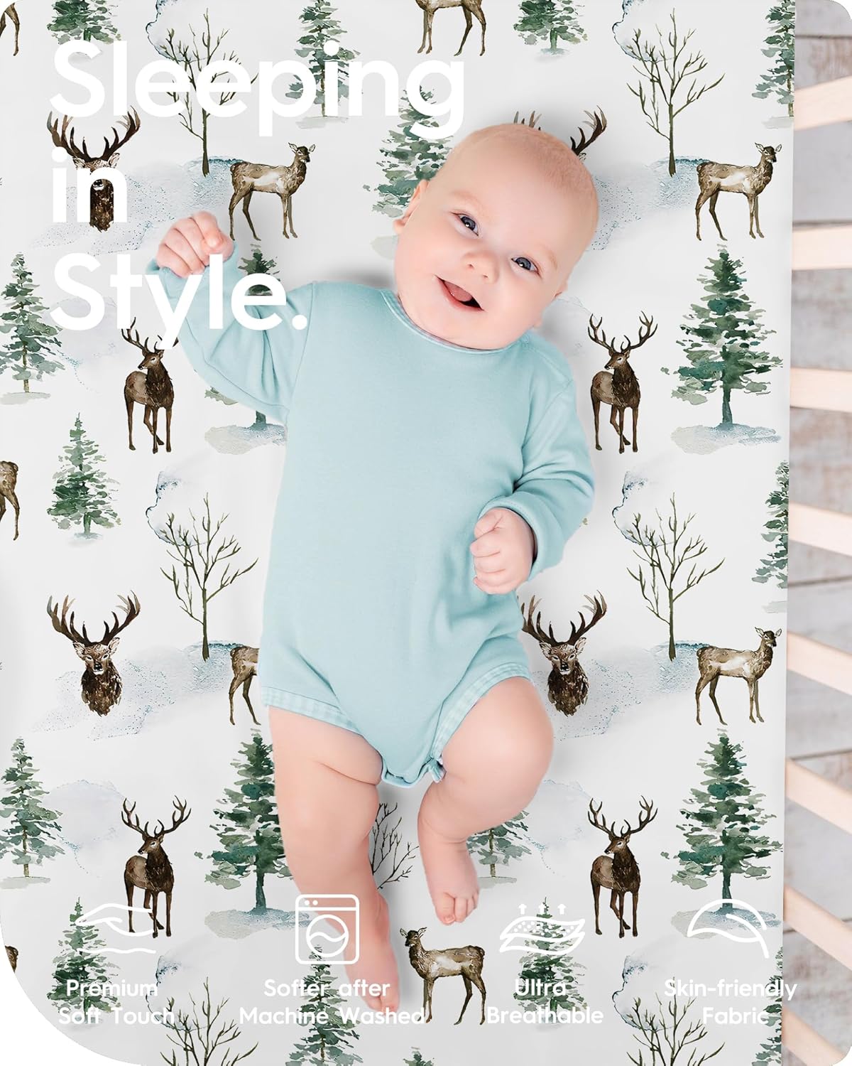 Crib Sheet Netural, Premium Soft Jersey Knit Fitted Crib Sheet, Crib Mattress Sheet, 28''x52''x9'' Extra Deep Pocket (Deer & Bear)
