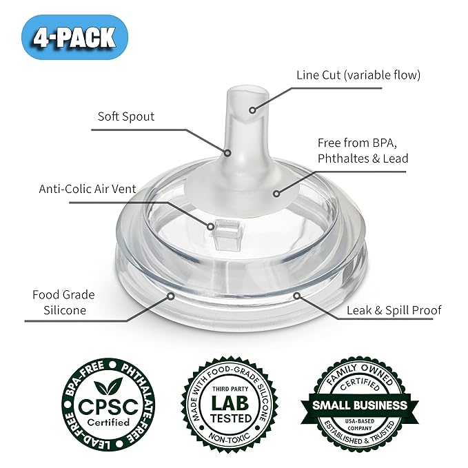 Straw Top Nipples for Comotomo Baby Bottles and Mason Glass and haakaa Natural Glass Baby Bottles, 4-Pack, Food Grade Silicone, Soft Spout, BPA-Free, Spill-Proof, Convert to Straw Cup, 4+ Months