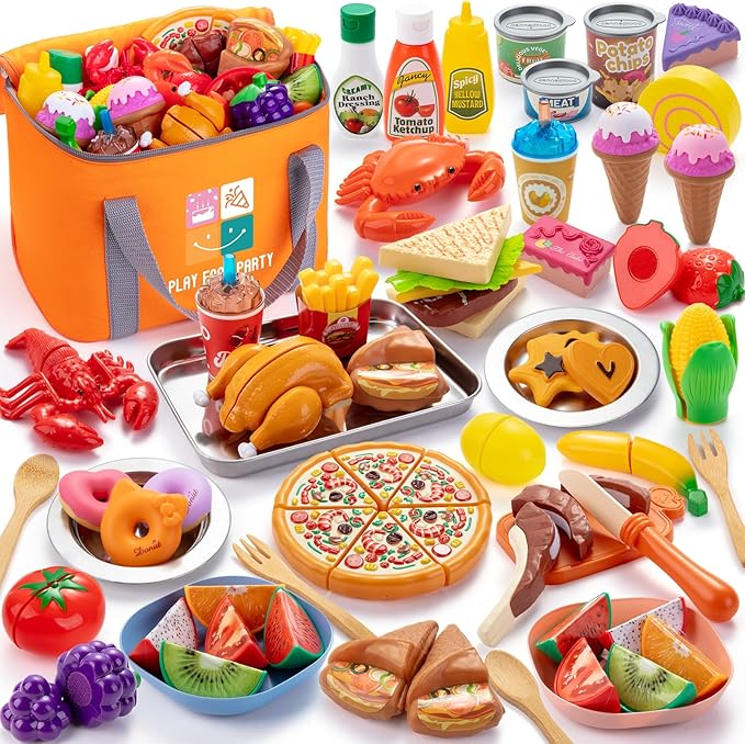 Juboury Pretend Play Food Set for Toddlers, Cutting Toy Food with Storage Bag, Stainless Steel Tray and Plates, Food Toys with Veggies, Fruits, Dessert, Pizza Toy, Play Kitchen Accessories for Kids