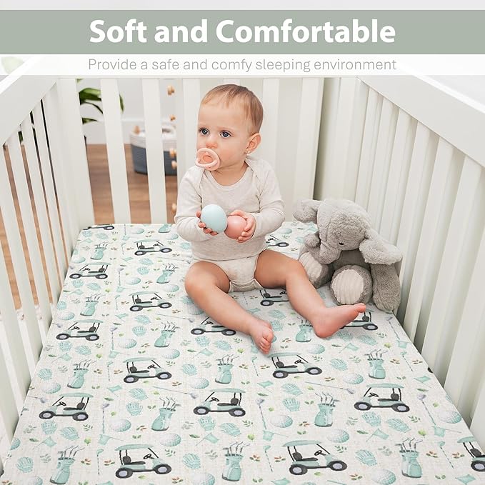 Golf Baby Crib Sheets for Boy Girl 28"x52" Sports Golfing Soft Stretchy Fitted Crib Mattress Cover Golf Lovers Gift Nursery Baby Sheet for Standard Crib and Toddler Bed Mattress Green