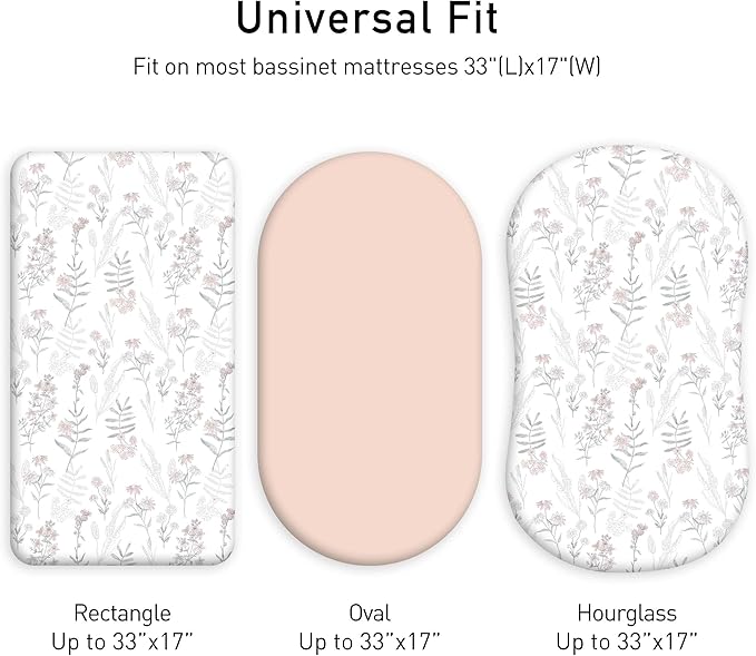 Gllquen Baby Bassinet Sheets 2 Pack, 100% Organic Cotton Bassinet Fitted Sheets for Girls Boys, Soft & Breathable Unisex Baby Mattress Sheet for Standard Bassinets 33"x17"(Lineage of Bloom)