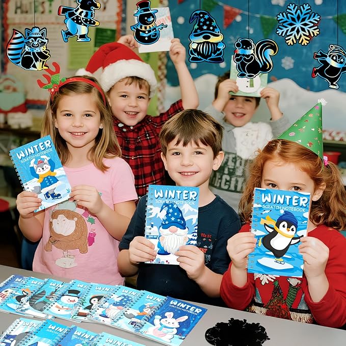 12 Pack Winter Scratch Art Party Favors for Kids - Rainbow Scratch Paper Snowflake Penguin Scratch Off Cards Frozen Birthday Goodie Bags Stuffers - Return Christmas Gifts DIY Classroom Prizes