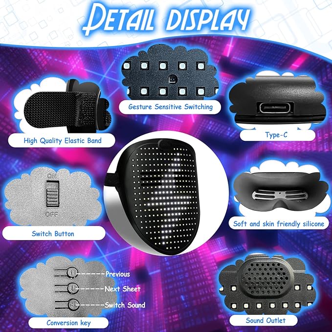 Depointer Life Led Mask with Gesture Sensing,Unisex LED Lighted Face Transforming Mask for Costume Cosplay Party Masquerade