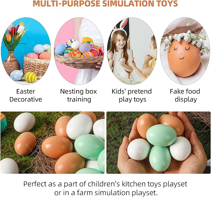 CALPALMY (24 Pieces) Hyper-Realistic Wooden Eggs - 3 Colors Wooden Fake Eggs for Easter, Painting, Decorating, Crafting, Fake Food, and Nest Box Training (8pcs Brown, 8pcs White, 8pcs Green)
