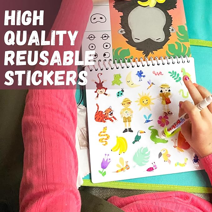 Totebook Kids Travel Educational Activity Book with Washable Markers - Car and Airplane Activities, Learning Toys for Toddlers- Reusable Stickers for Ages 4, 5, 6 (Jungle & 2 Extra Books)