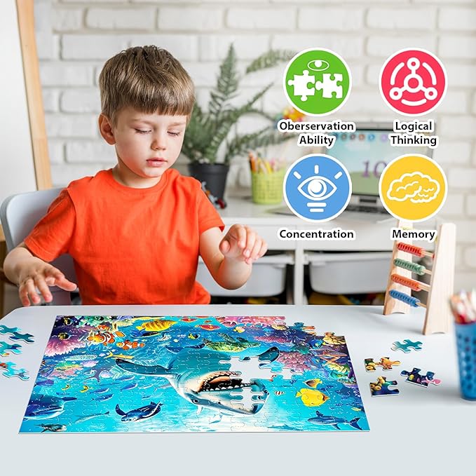 100 Piece Puzzles for Kids Ages 4-8 - Grinning Shark Marine Life - Jigsaw Puzzles for Kids Ages 3-5 6-8 8-10 Year Old Colorful Undersea World Puzzles for Boys and Girls Educational Learning Toys