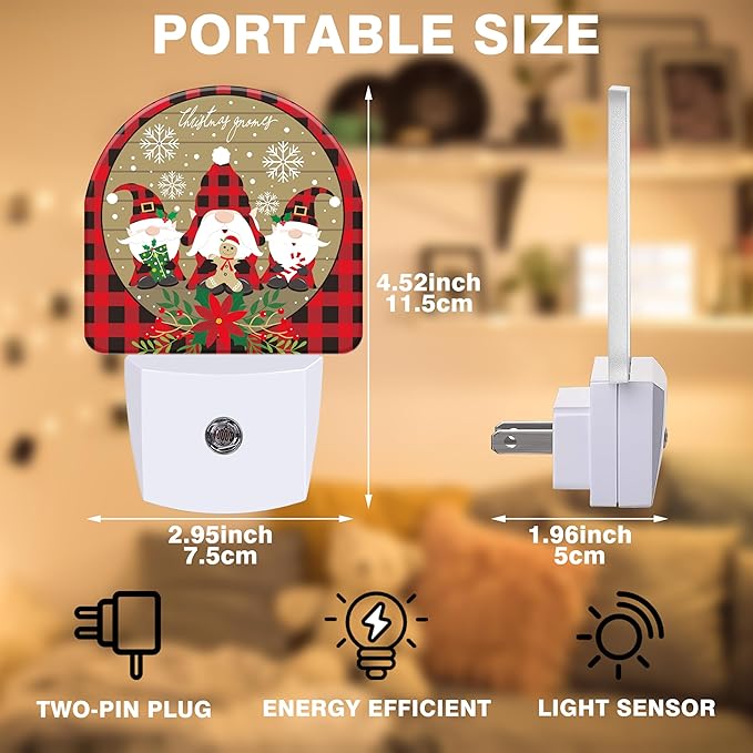 Red and Black Buffalo Plaid Night Lights Plug into Wall Christmas Gnomes Night Light Dusk to Dawn Smart Sensor Decorative Round Led Lamp for Bedroom Kitchen Hallway Nightlight for Women Men