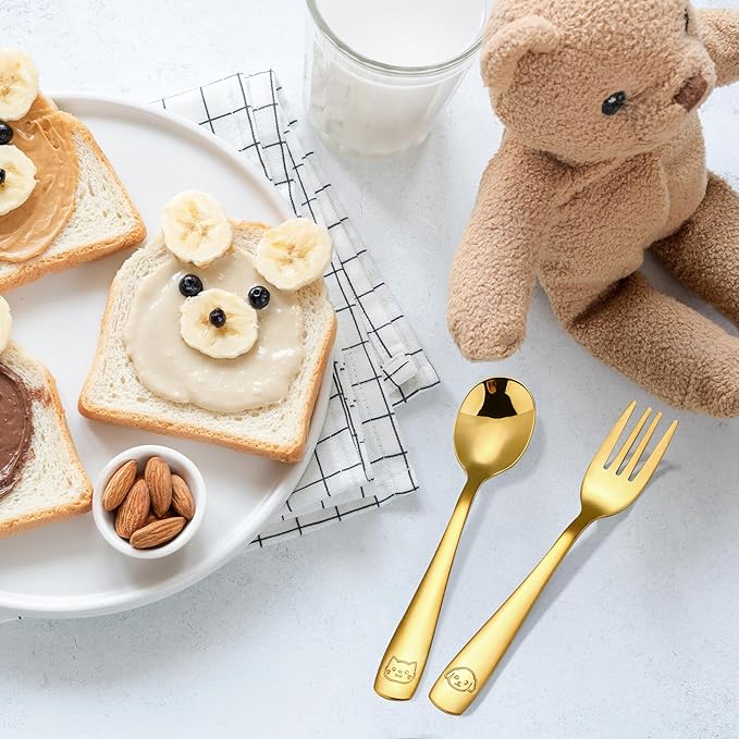 DRKIO Stainless Steel Toddler Utensils Set - 12 Pieces Kids Silverware Set Children Safe Food Grade Small Forks and Spoons Dishwasher Safe Mirror Polished