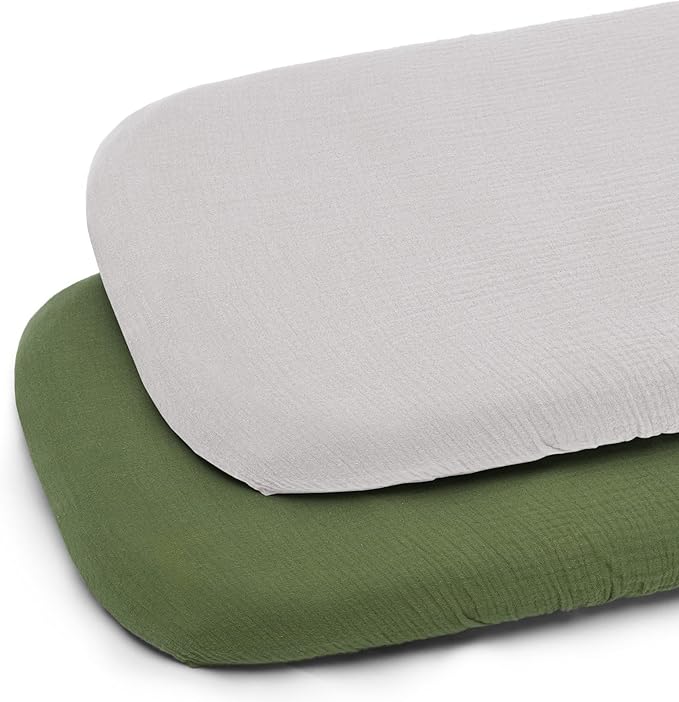 Muslin Bassinet Sheet for Baby Boy and Girl-2 Pack 17"x 33" Soft Bedside Bassinet Sheets Fitted for Rectangle, Round, Oval, Hourglass Mattress-Neutral Olive Green & Beige