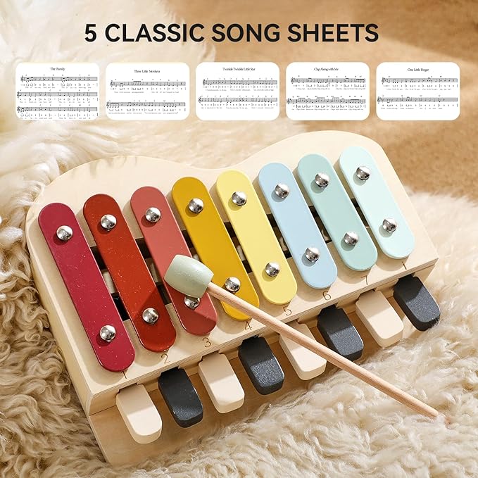 IEATFO 2-in-1 Piano Xylophone Wooden Musical Toy for Toddlers 1-3, Educational Musical Learning Instruments with 8 Colorful Keys, 5 Classic Song Sheets, Montessori Sensory Music Set for Girls Boys