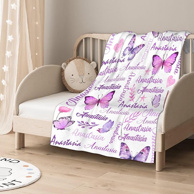 Personalized Baby Blanket for Girls Boys Kids Butterfly Custom Baby Blanket with Name Throw Birthday Gift for Toddlers Infants Shower Newborns Nursery Stroller Crib Bed Decor