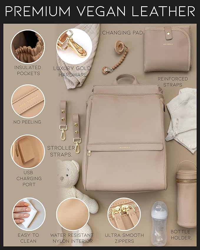 MIA + SOPHIA Leather Diaper Bag Backpack with USB Charging port, Changing Pad, Stroller Straps, and Bottle Holder(Beige Sophia)