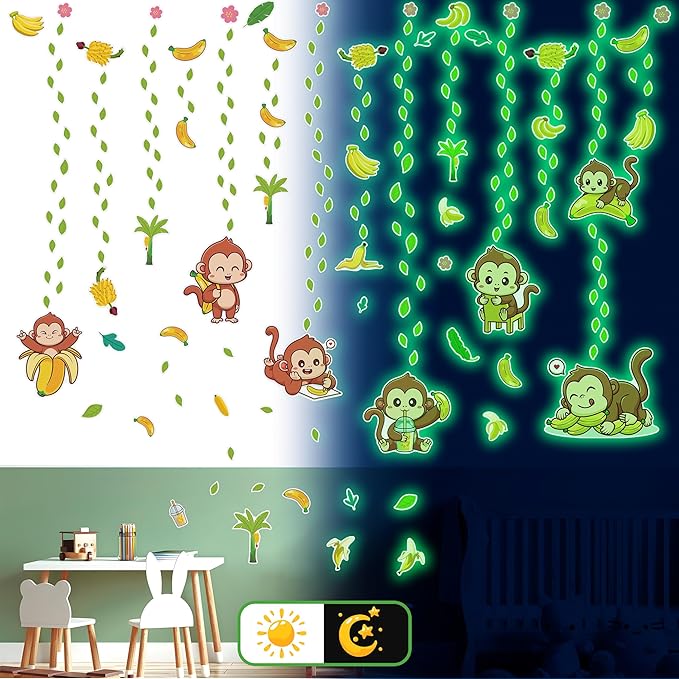 Glow in The Dark Cute Monkeys and Bananas Wall Decals, Animal Stickers for Baby Girls Boys Room, Luminous Ceiling Decor for Bedroom Playroom Nursery