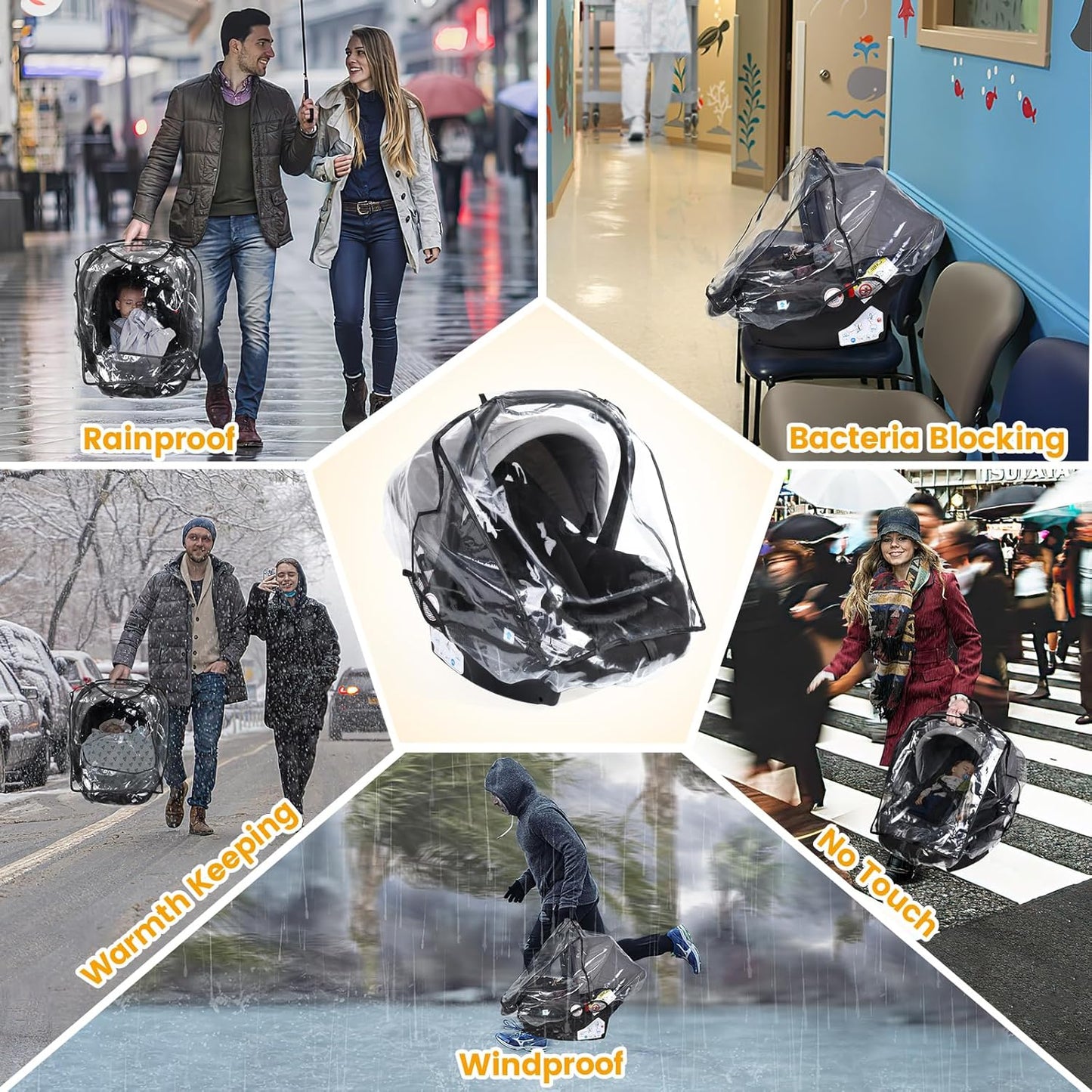 Car Seat Rain Cover Universal, Food Grade EVA, Waterproof Weather Shield for Infant Car Seat with Storage Bag, Baby Car Seat Stroller Rain Cover Features Side Ventilation, Quick-Access Roll-Up Door