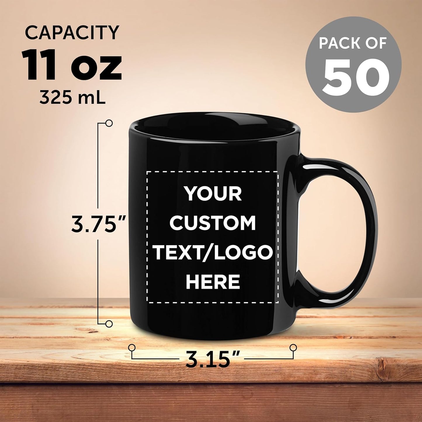 Custom Ceramic Coffee Mugs 11 oz. Set of 50, Personalized Bulk Pack - Coffee cup set, Iced coffee cup, Gaming mug - Black