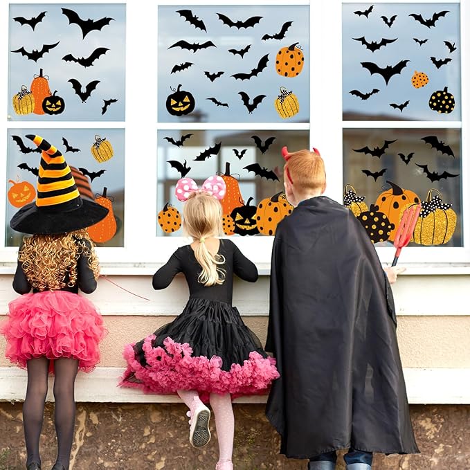 Whaline 6 Sheet Halloween Window Clings Black Orange Pumpkin Bat Reusable Window Decals for Haunted Party House Office School Home Glass Decor