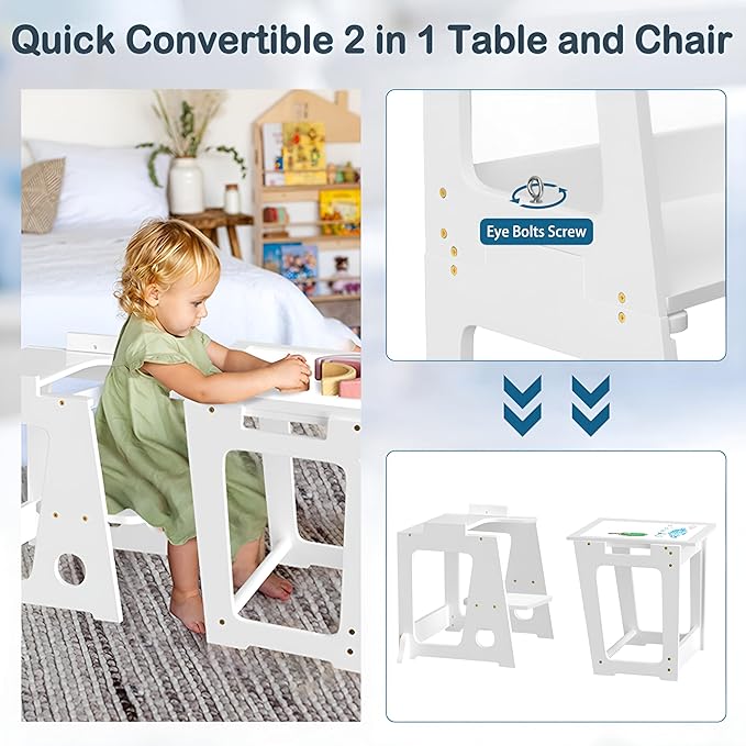 4 in 1 Kitchen Toddler Step Stool, Foldable Learning Toddler Standing Tower with Double-Sided Whiteboard, Wooden Kitchen Stool Helper for Kids 1.5 to 5 Years Old,Bathroom Sink Counter