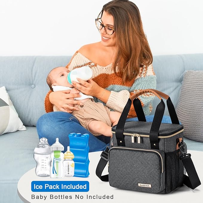 Breastmilk Cooler Bag with Ice Pack Fits 6 Baby Bottles up to 9 Ounce, Breast Milk Pump Cooler Bag for Nursing Mom Daycare, Work, Travel-Dark Grey