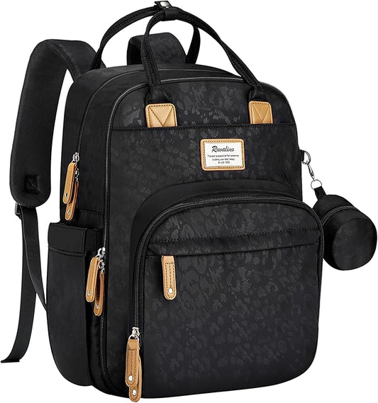 RUVALINO Diaper Bag Backpack-Multifunction Baby Travel Bag with Changing pad, Insulated Bottle Holders & Pacifier Case, Large Capacity, Waterproof, Black Leopard