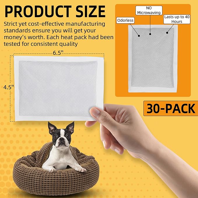 (30-Pack Upgraded Heat Packs for Newborn Puppy, Anxiety Dog Toys Replacement Heat Packs, Disposable Puppy Warmers - Lasting for Approximately 40 Hours