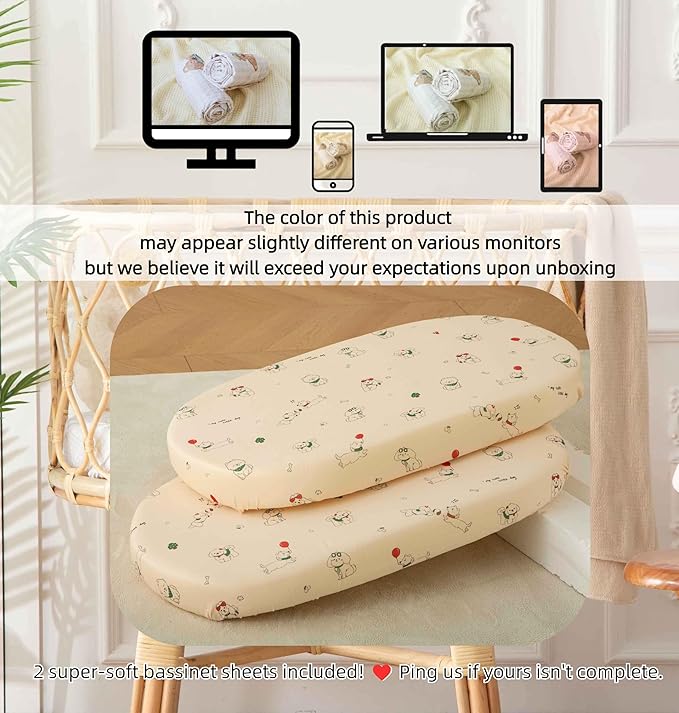 SDY Dog Bassinet Sheets Boys Girls,Fit for Rectangle, Round, Oval, Hourglass Mattress, Flexible for Different Bassinet Pad/Mattress 2 Pack 32 * 16 * 4 inches (Dog)