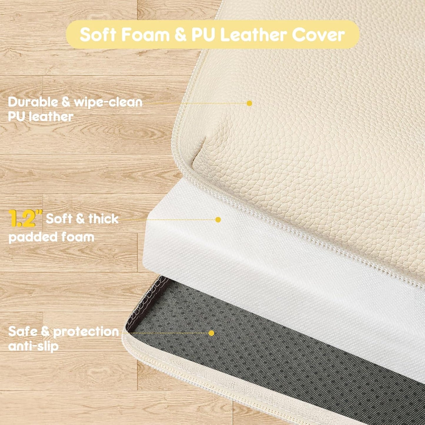 Padded Baby Play Mat, Super Soft Vegan Leather Floor Mat for Baby Girls and Boys, 48x48 Non-Slip Thick Foam Cushioned Play Mat for Babies 6-12 Months, Fits Nicely Into 50x50 Playpen Mat, Beige