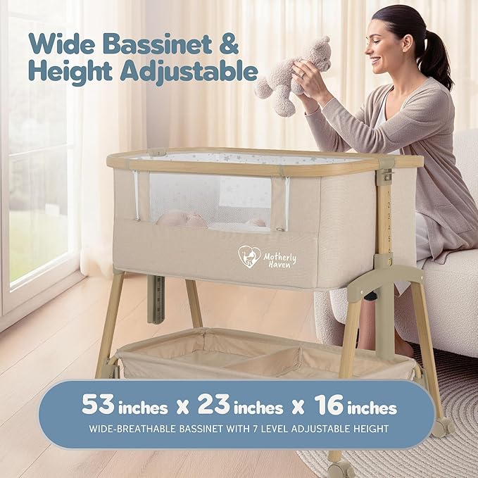 Baby Bassinet Bedside Sleeper, Portable Crib for Newborns, Adjustable 7-Height Auto-Lock, with Wheels, Soft Mattress & Breathable Mesh (Beige)