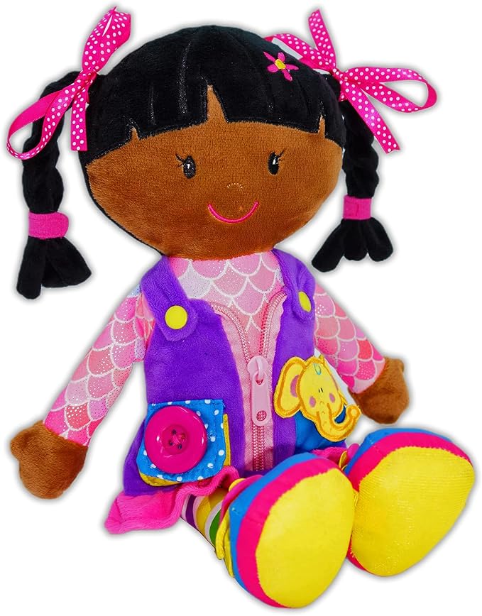 June Garden 15.5" Dressy Friends Scarlett - Educational Stuffed Plush Doll for Kids and Toddlers 2 Years and Up - Montessori Buckle Soft Toy