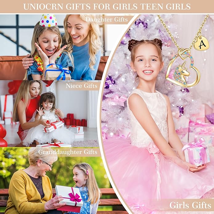 Hidepoo Unicorn Necklace Gifts for Girls - Colorful CZ Heart Pendant Initial Unicorns Necklaces for Teens Little Girls Jewelry Birthday Gift for Girl Daughter Granddaughter Niece