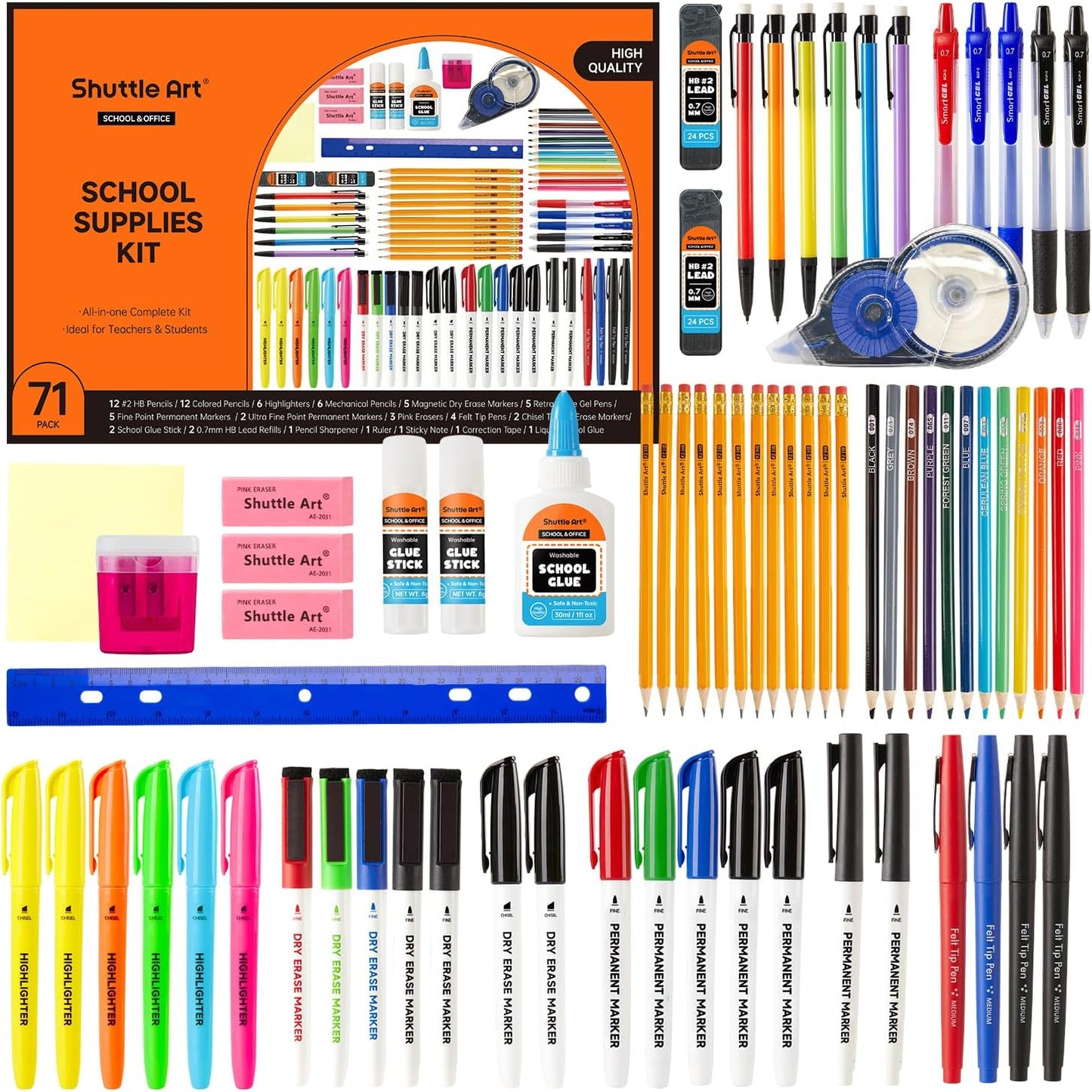 71 Pack School Supplies Kit, Shuttle Art Back to School Supplies for Teachers, Middle High Schools, College School Supplies with Highlighters, Pencils, Gel Pens, Dry Erase Markers, Felt Tip Pens, Glue