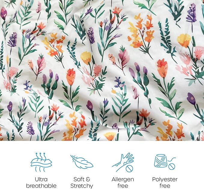 Quiggly Bassinet Sheets for Guava Lotus, 2 Pack Organic Cotton Jersey Knit, Vibrant Floral Patterns - Fits Travel Crib Mattresses for Boys & Girls (Bassinet, Wildflower Dreamin')