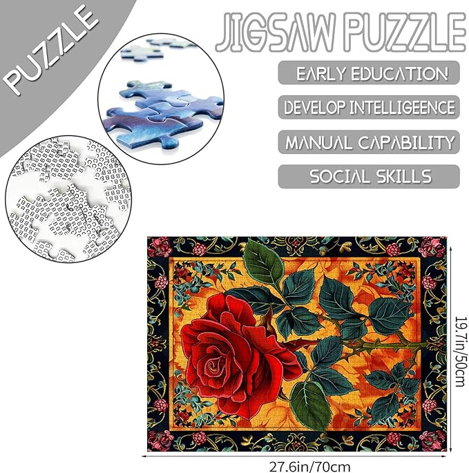 1000 Piece Jigsaw Puzzles for Adults Red Rose Painting Jigsaw Puzzle Floral Patrern Surraunding 1000 Pieces Puzzles for Game Green Plant Colorful Art Wall Decor DIY Craft Puzzle Gifts 27" x 20"