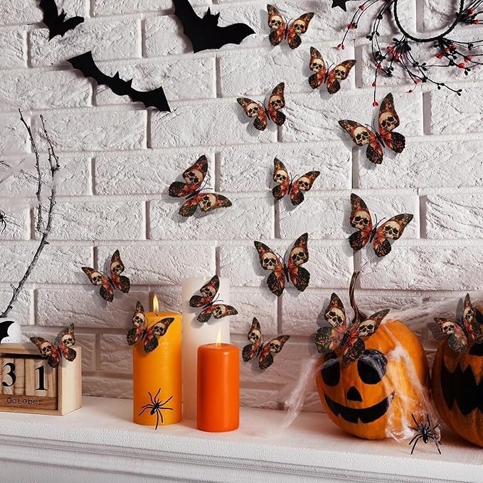 12 Pcs Halloween Wall Decor 3D Skull Butterfly Wall Decal Stickers Goth Halloween Decorations Butterflies Skeleton Designs for Festival Home Party Decoration Supplies