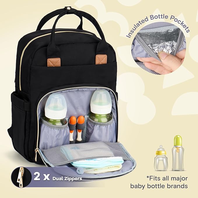 RUVALINO Diaper Bag Backpack-Multifunction Baby Travel Bag, Insulated Bottle Holders & Large Capacity, Waterproof, Deep Black