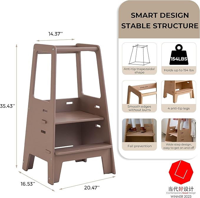 AVDAR Toddler Standing Tower Wooden Toddler Stool for Kitchen Adjustable, Winner 2023 of Contemporary Good Design, Montessori Kitchen Tools