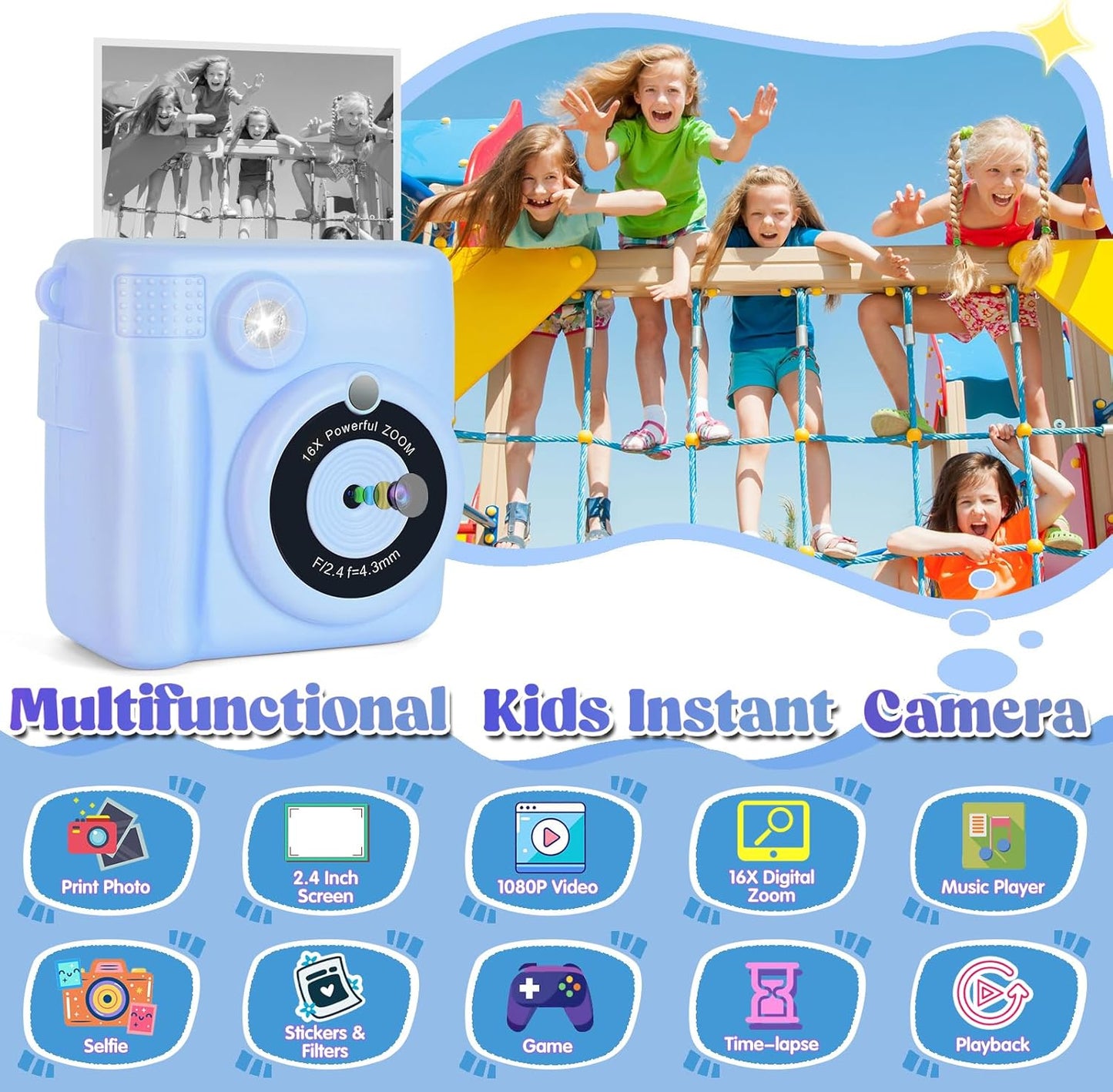 Instant Print Camera for Kids - 2.4 Inch Kids Camera Instant Print with Paper & 32G Card- Digital Children Toys as Christams Birthday Gifts for Girls Boys Age 3-12 - Blue