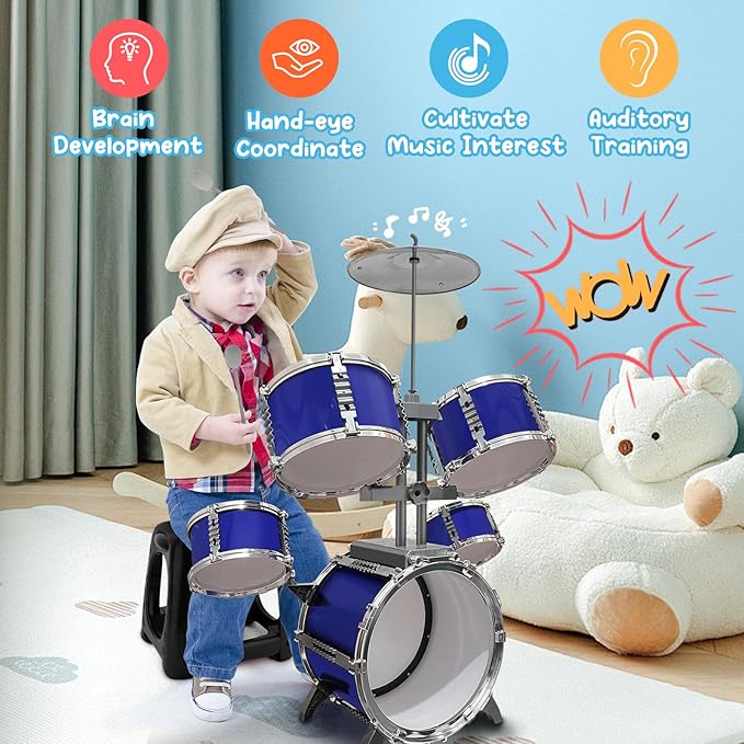 Upgraded Kids Drum Set for Toddlers 1-3 Plastic Musical Jazz Drum Instruments Kit Birthday Musical Learning Toys for 4 5 6 Boys Girls