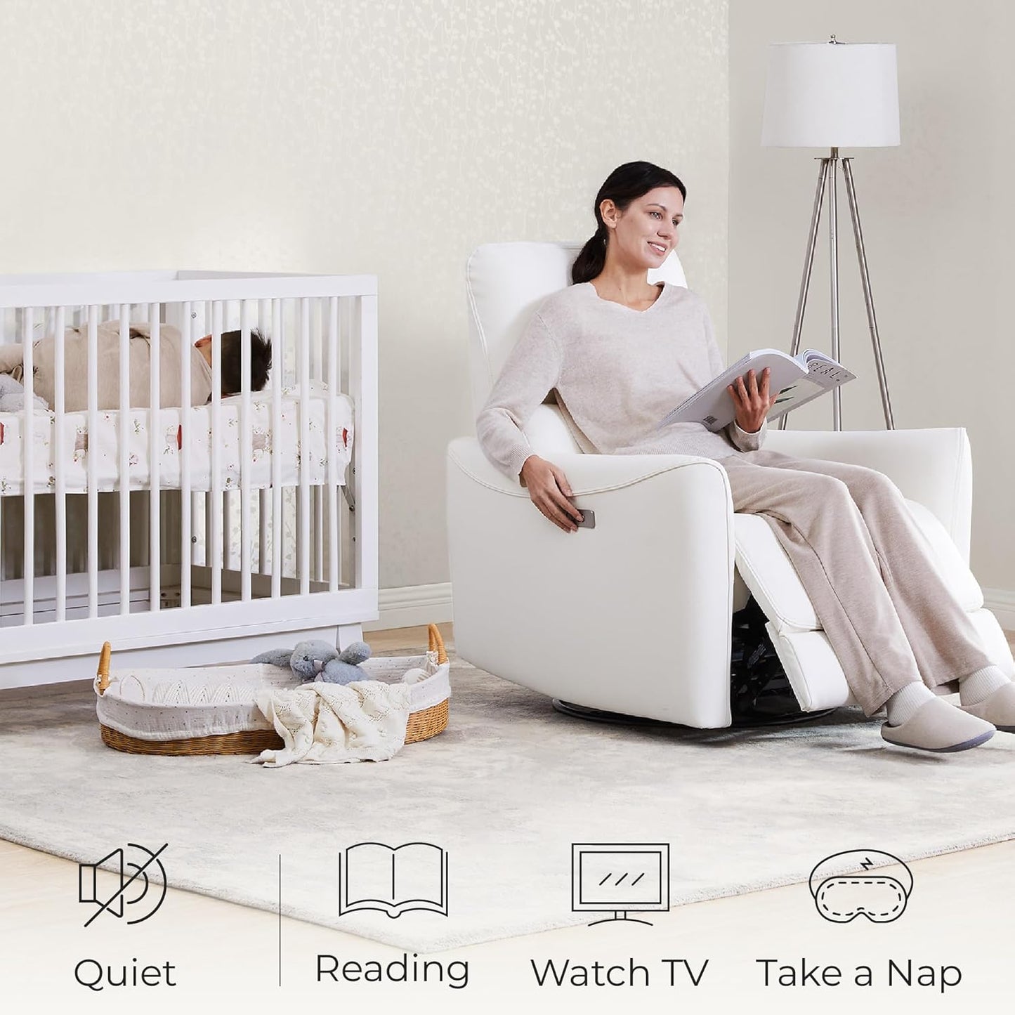 CHITA Power Recliner Chair Swivel Glider, FSC Certified Upholstered Faux Leather Living Room Nursery Reclining Sofa Chair with Lumbar Support, White