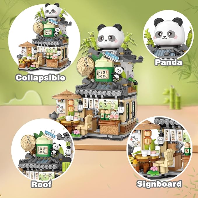 Panda Tea Shop Mini Street Scape Building Blocks, Panda Creative Building Toys for Girls 6-12, Gift Idea for Kids Adults (860PCS)