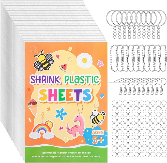 155 Pcs Shrink Plastic Sheets Kit, Including 25Pcs Shrinky Art Paper with 130Pcs Accessories for Crafts DIY Keychain Making