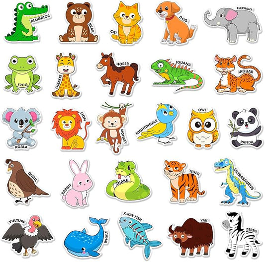 Whaline 2 Sheets Animal Alphabet Thick Gel Clings Cute Cartoon 26 A-Z Letters Animal Reusable Window Decals for Educational Spelling Learning Home Classroom Nursery Decor